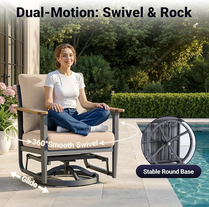 Aluminum Outdoor Patio Furniture Set, 8-Piece Sectional Sofa with 5.1" Thick Cushions, 4 Swivel Rocking Chairs, 55,000 BTU Propane Fire Pit Table, Outdoor Couch for Backyard, Deck, Khaki