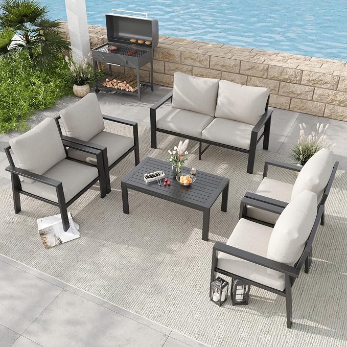 6 Pieces Aluminum Outdoor Patio Furniture Set 6-Seat Deck Furniture Patio Conversation Sets All-Weather Rust-Proof Sectional Sofa Set with Removable Cushion for Balcony, Yard, Poolside