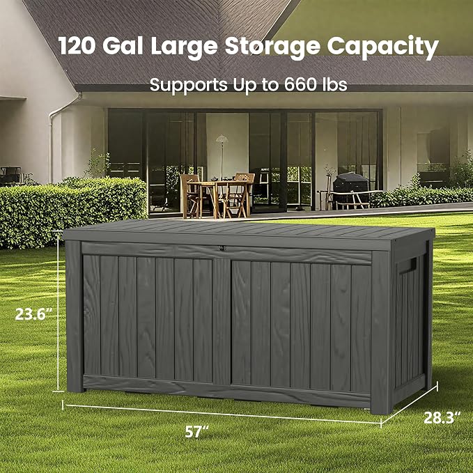 Zapdos Outdoor Storage Box, 120 Gallon Deck Box with Stainless Steel Rods, Waterproof Large Resin Storage Bin for Patio Cushions Garden Tools, Lockable Outside Storage Box, Black