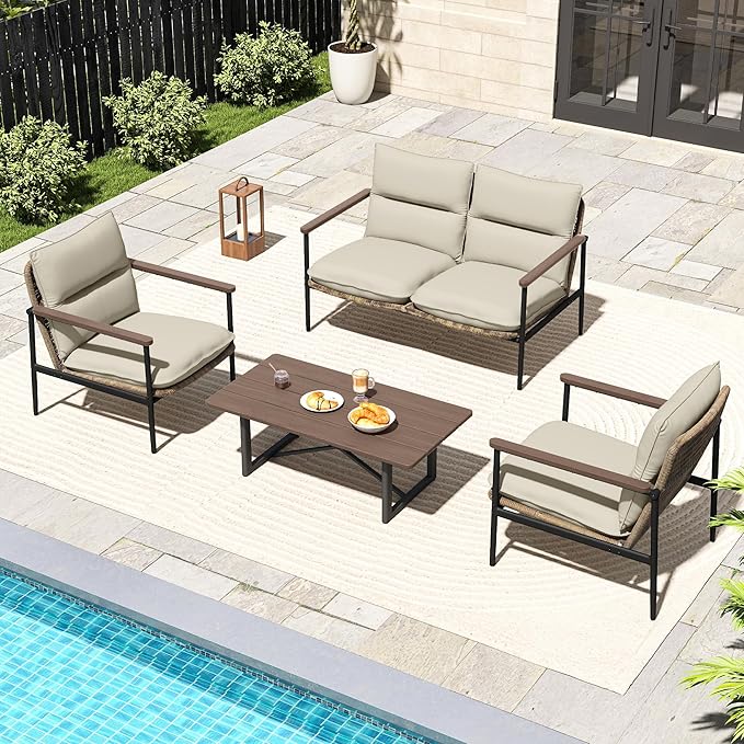 HAPPATIO 4-Piece Outdoor Furniture Set, Aluminum Patio Converation Set with Wicker Seat and Acacia Wood Armrest, Loveseat Sofa Set with Olefin Cushion and Wood Table for Garden Lawn Backyard