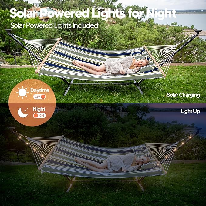 SUNCREAT Double Hammock with 12 ft Stand, Solar Powered Lights, Outdoor Standing 2 Person Hammock, Dark Green