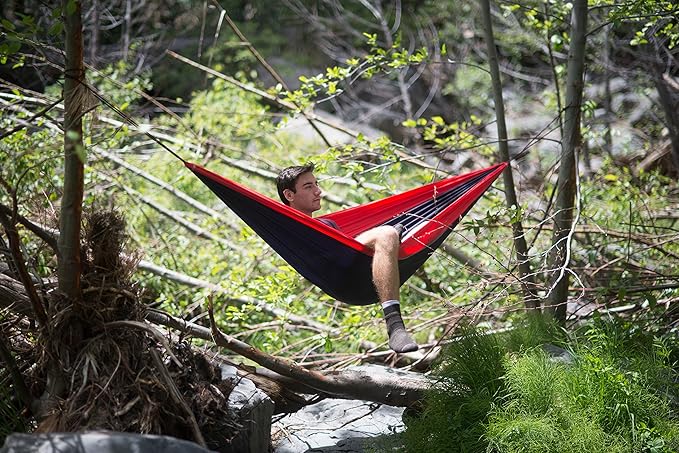 Hammock Bliss Single - Camping Hammock - Camping Essentials, Portable Hammock - The Longest Single Hammock On Earth for Outside, Hiking, and Travel (Navy/Red)