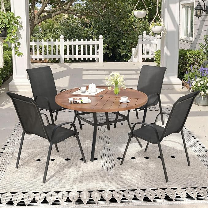 5 Pieces Outdoor Dining Set, 40.7" Spliced Patio Table with Umbrella Hole & Stackable Outdoor Dining Chairs, Patio Furniture Set for Deck Garden Porch, Black Chairs & Walnut Table