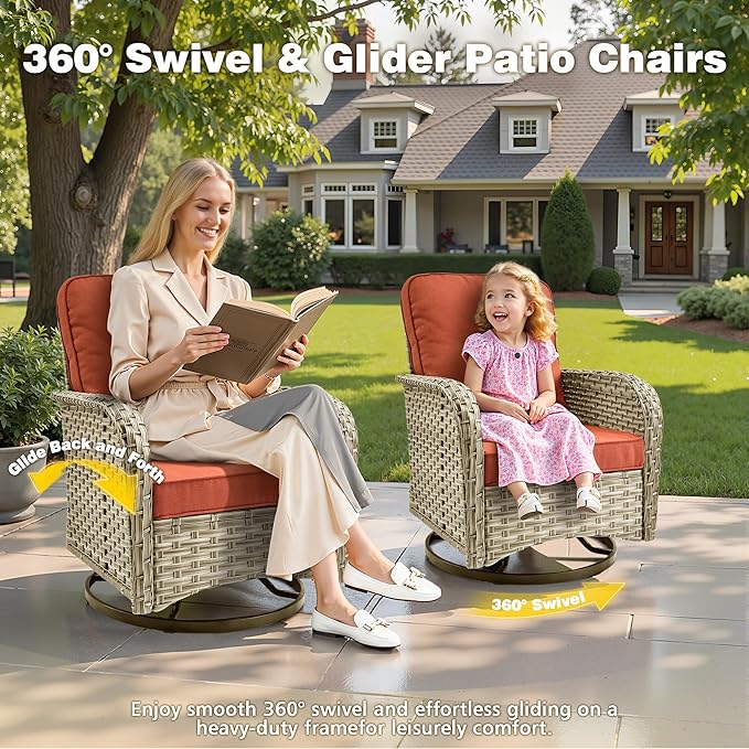 Outdoor Patio Furniture Set, 5-Piece PE Wicker Sofa with Shiny Table and Swivel Chairs, Outdoor Conversation Set for Patio, Garden, Backyard Red