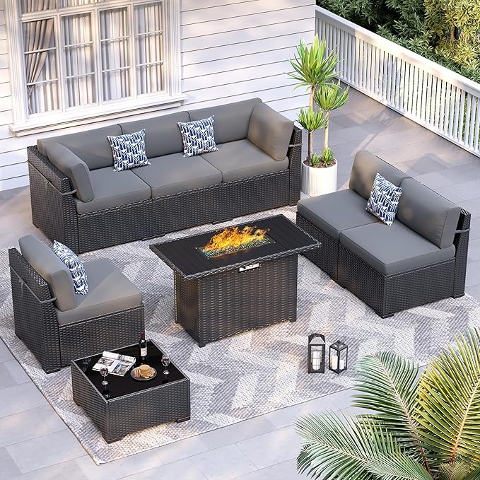 8 Piece Patio Furniture Set with 44” Fire Pit Table All-Weather Wicker Conversation Sectional Sofa & Coffee Table with Thickened Cushions for Backyard, Garden(Grey)