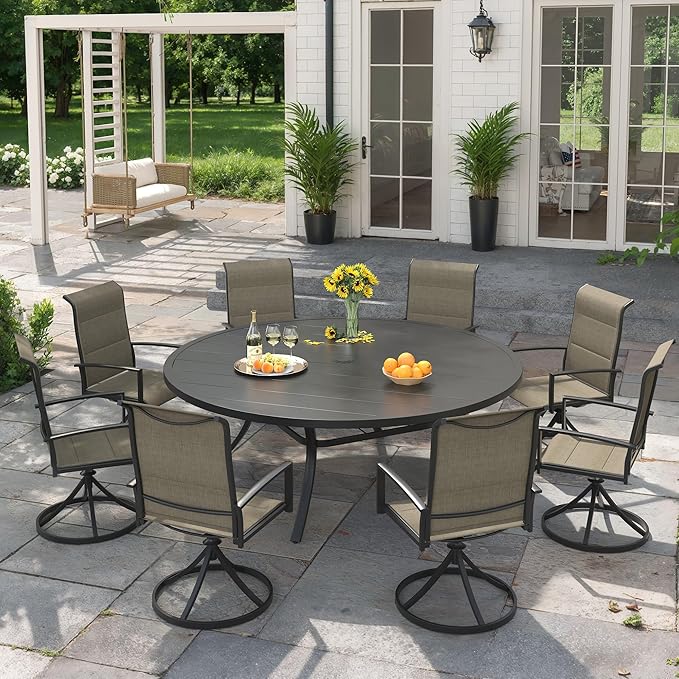 VICLLAX 9 Pieces Outdoor Dining Set, Patio Furniture Set Includes 60" Round Metal Table W/ 1.9" Umbrella Hole and 8 Padded Textilene Swivel Chairs for Porch, Lawn, Garden, Backyard