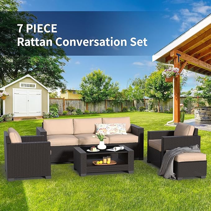 SHGJ&SOFT 7 Piece Patio Furniture Set, Wicker Outdoor Sectional Sofa with Washable Cushion Covers and Tempered Glass Table, Rattan Conversation Set for Poolside