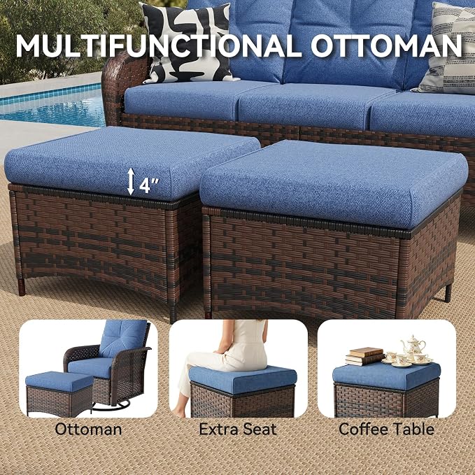 LazySunsets 9 Piece Outdoor Patio Furniture Set with Coffee Table, Wicker Rattan Outdoor Furniture with High Back Swivel Rocker Chairs, Outdoor Conversation Set with Thick Cushion & Ottoman, Navy Blue