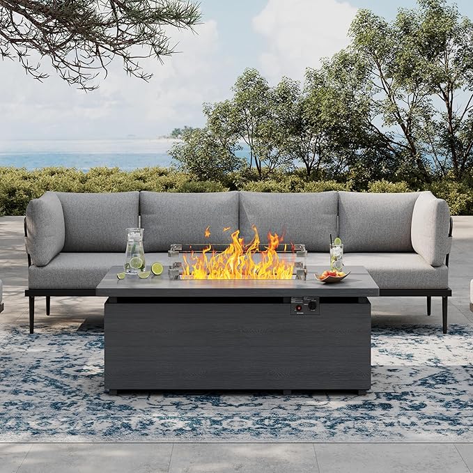Metal Patio Furniture Set, 5 Pieces Outdoor Sectional Couch Sets with Fire Pit Table, 6" Thick Cushion Outdoor Conversation Set for Deck, Patio & Courtyard (Gray)