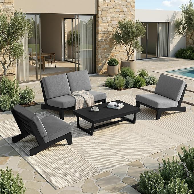 UIXE All Weather Patio Furniture Sets, 4 Pieces Black Wood Outdoor Sectional Futniture Patio Sofa Chair Backyard Conversation Set with Solid Wooden Coffee Table - Light Gray