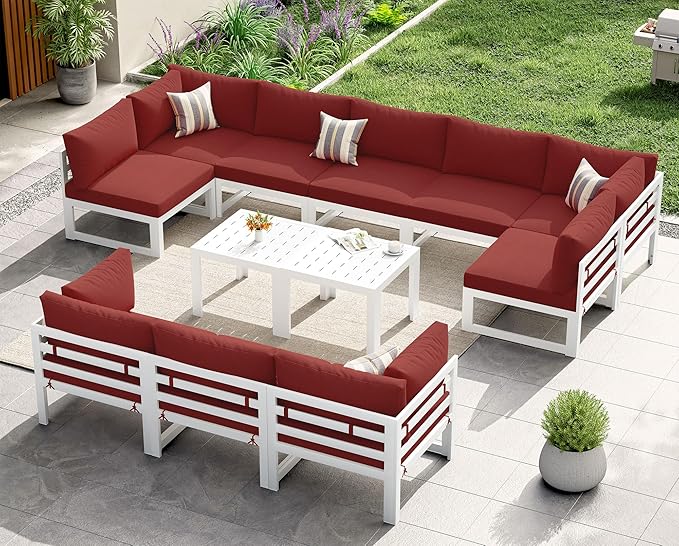 NICESOUL 12 Pcs Large Modern Aluminum Patio Furniture Set, L Shaped All Weather Modular Sectional Sofa with Coffee Table, 500 lbs Heavy Duty Comfortable Outdoor Couch for Poolside Backyard, Burgundy