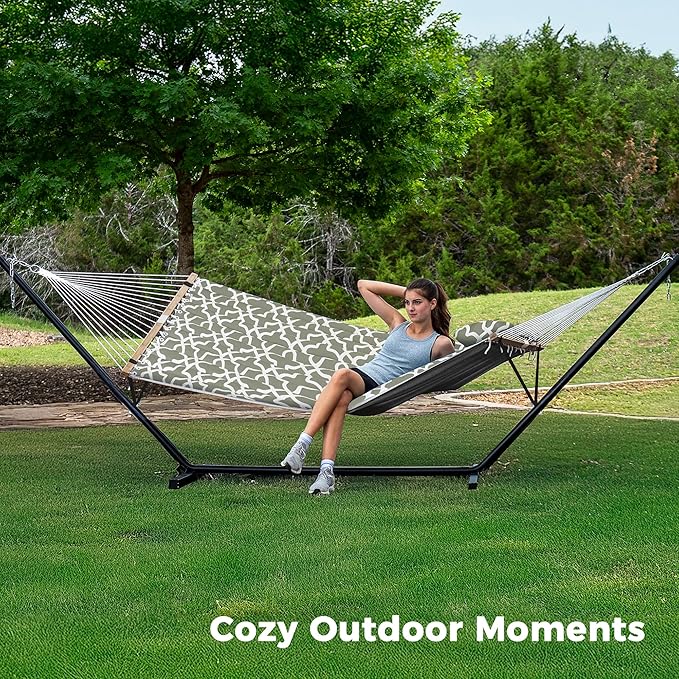 SUPERJARE Hammock with Stand, 2 Person Quilted Outdoor Hammock, Detachable Pillow & Bamboo Spreaders, Portable with Carrying Bag, Heavy Duty Stand, Perfect for Outside, Patio, Grey with White Flower