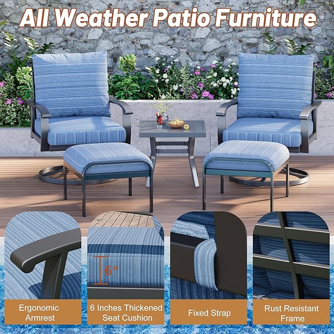 HOMREST Outdoor Swivel Rocker Patio Chairs with Ottomans and Coffee Table 5 PCS Bistro Set, 360 Degree Swivel Rocking Chair Patio Conversation Set with Thickened Cushions for Garden, Deck and Poolside