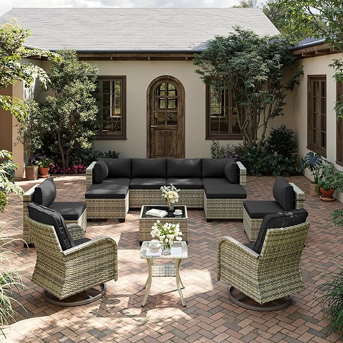 12-Piece Patio Furniture Set, Outdoor Patio Furniture with Swivel Chairs Set, Ottomans, Modular Patio Sofa, Dual-Strand Wicker Rattan, Rust-Resistant Frame, Black