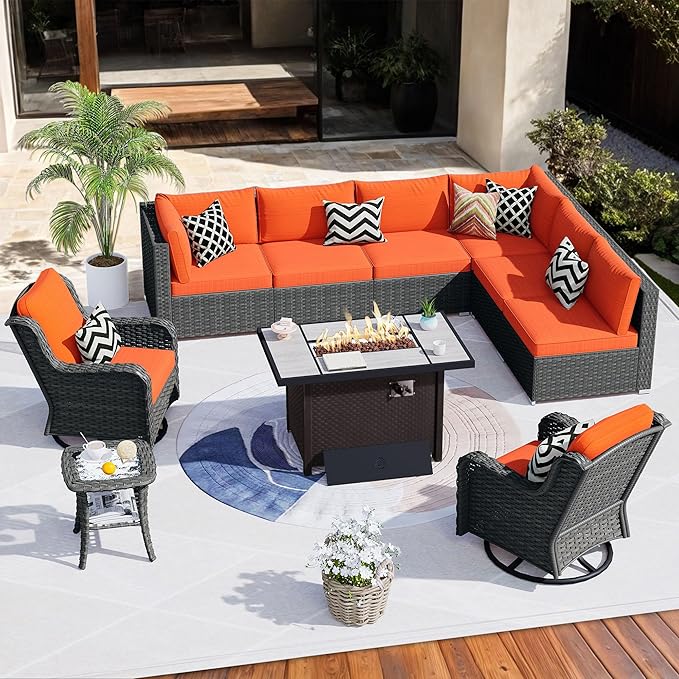 HOOOWOOO Outdoor Patio Furniture Set with Fire Pit 10 Pieces Patio Set with Fire Pit Wicker Outdoor Furniture with Fire Pit Table Set Patio Conversation Set with Swivel Chairs,Orange Red