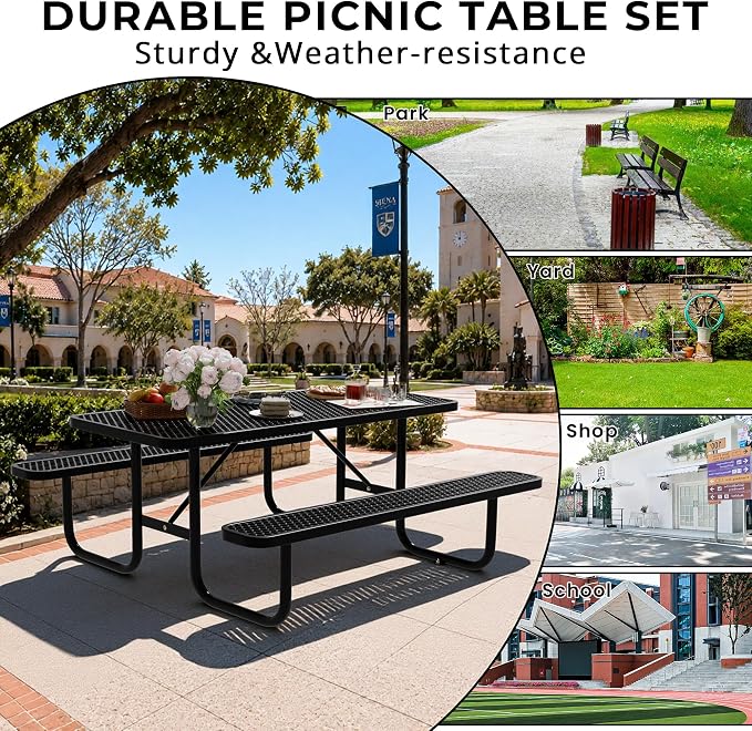 6FT Rectangular Steel Outdoor Picnic Table, Commercial Picnic Table Bench Set with Umbrella Hole, Weather-Resistant Heavy Duty School Dining Table for Stores, Park, Patio, Garden, Backyard, Black