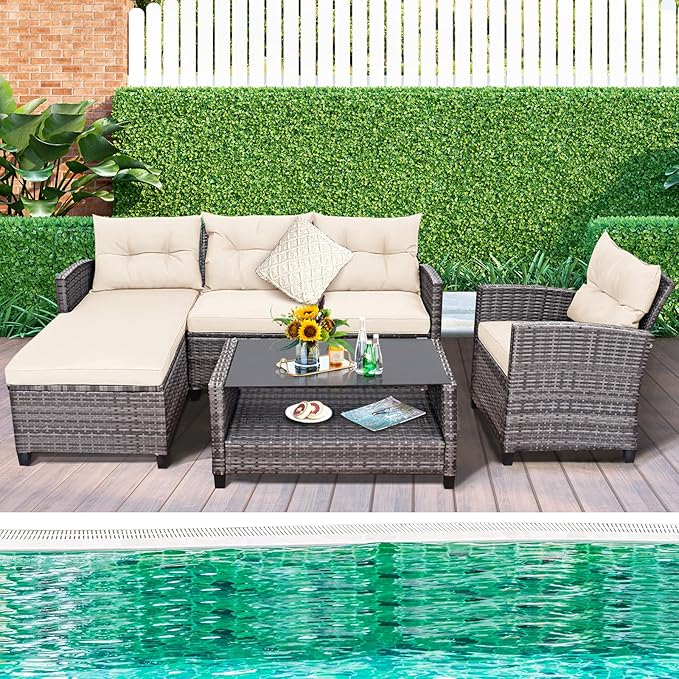 Tangkula 4 Pieces Rattan Conversation Set, Patiojoy Outdoor Furniture Set with Cushions, Lounge Sofa Set with Coffee Table, Patio Sectional Sofa Set for Patio Garden Poolside Backyard (White)