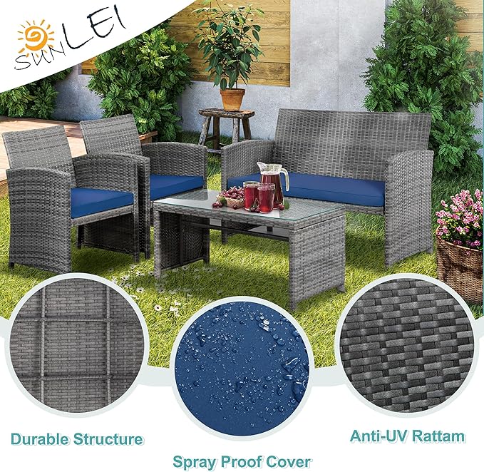 SUNLEI 4 Pcs Patio Ratten Set, Outdoor Furniture Set Wicker Conversation Set with Cushions and Tempered Glass Tabletop Outdoor Patio Furniture Sets (Dark Blue)