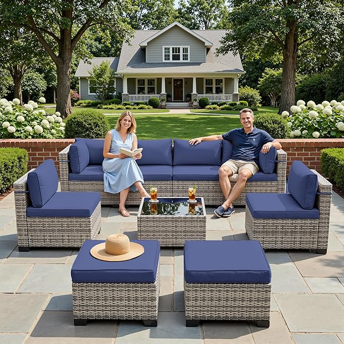 9-Piece Patio Furniture Set, Outdoor Sectional with Ottomans, Modular Patio Sofa, Dual-Strand Wicker Rattan, Rust-Resistant Frame, Backyard Furniture for Garden, Deck, Navy Blue