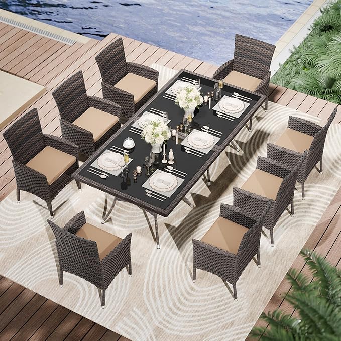 Kullavik 10 Pieces Outdoor Dining Set Patio Rattan Furniture Set,Patio Dining Table and Chairs Set with 8 Chairs and Cushions,Square Glass Tabletop with Umbrella Hole for Patio,Backyard,Sand
