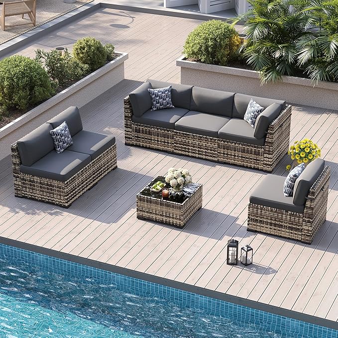 Patio Furniture Sets, 7-Piece Outdoor Patio Furniture with Thick Cushions,Coffee Table Outdoor All-Weather Conversation Set Sectional Sofa for Backyard, Poolside, Garden(Grey)