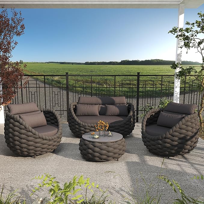 Aluminum Patio Furniture Set of 4: Woven Rope Outdoor Conversation Sofa Set Assembled - Modern Cushioned Armchair Couch Set for 660lbs Porch Deck Backyard Poolside Drawing Room Hotel, Dark Gray