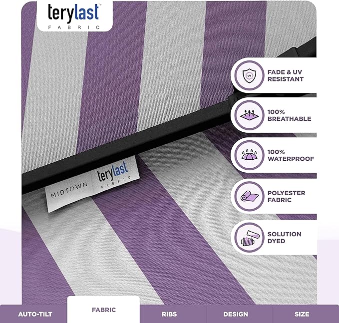 Midtown Umbrellas - 10-Year-No-Fade 9 Ft Patio Umbrella with Terylast Fabric, Auto-Tilt Aluminum Frame and 8 Reinforced Ribs for Deck, Pool, Garden & Beach - Purple Stripe Canopy, Black Pole