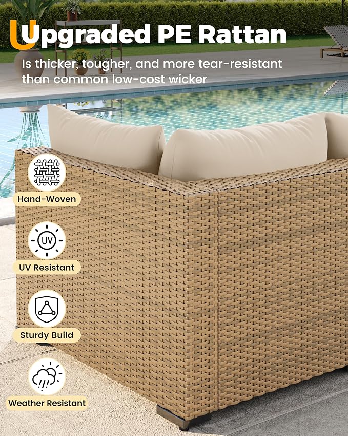 UDPATIO Furniture Set with Fire Pit Table, 8 Piece Sectional Sofas, All-Weather Wicker Conversation for Garden, Backyard, Yellow/Beige