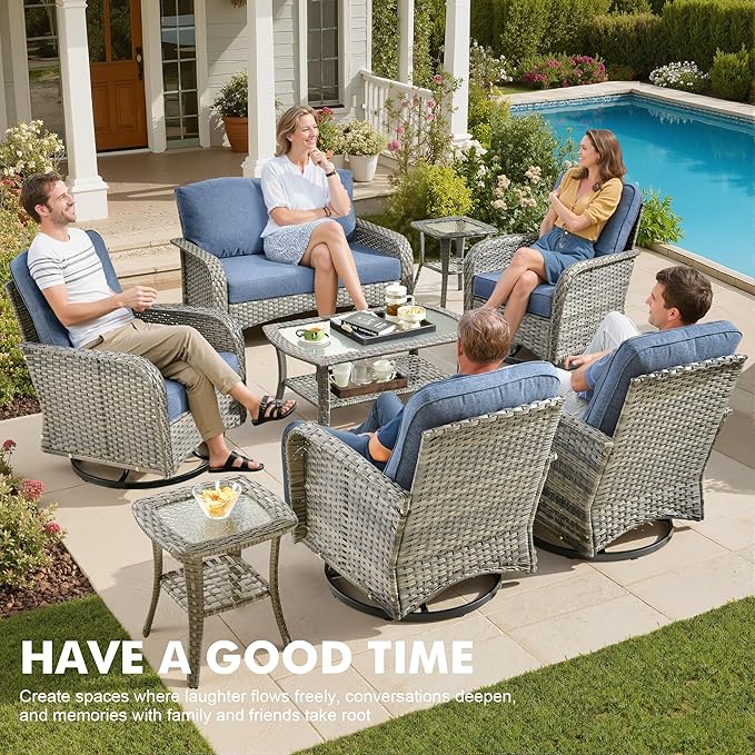Weaxty 8 Pieces Outdoor Patio Furniture Sets with Swivel Rocking Patio Chairs and Loveseat Sofa,Coffee Table,All Weather Wicker Conversation Set for Deck Backyard Porch Poolside, Denim Blue