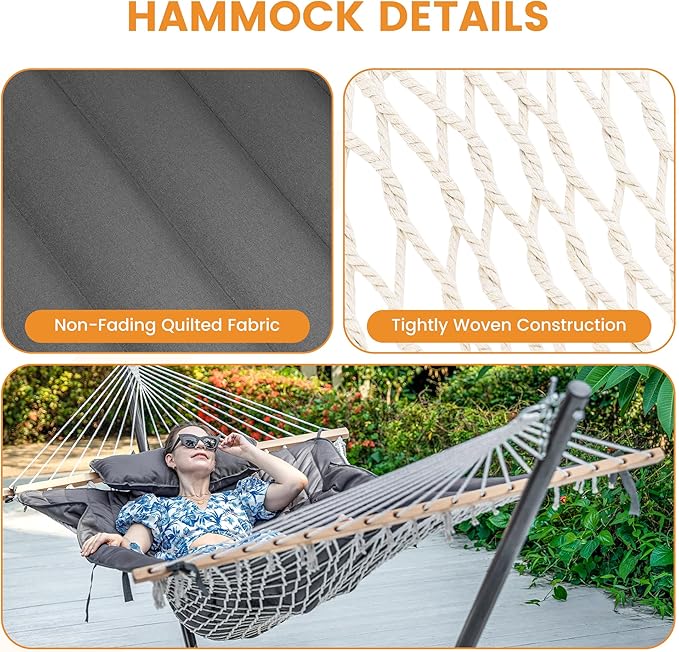 Lazy Daze Hammocks Rope Hammock with Pad, Spreader Bar, Carabiners, Tree Straps, Chains for Outside Patio- Max 450 Lbs, Dark Grey