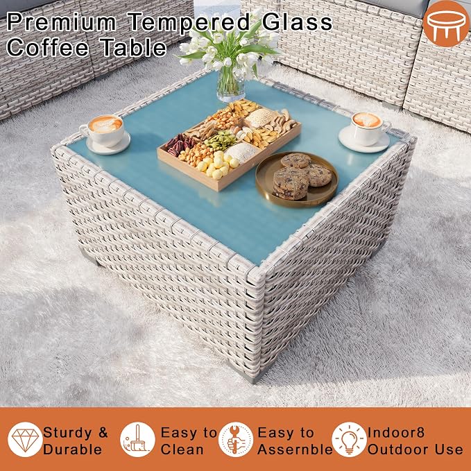 13-Piece Outdoor Patio Furniture Set, Rattan Wicker Conversation Set with Wide Armrests, Outdoor Modular Sectional Couch Seating Group Sofa with Fire Pit for Deck Garden Porch (Gray Cushions)