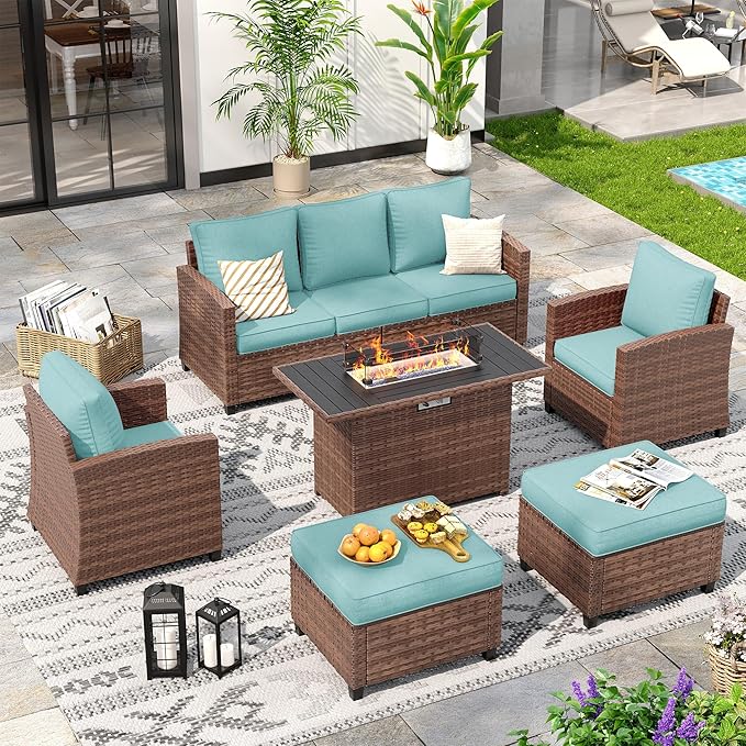 6 Pieces Patio Furniture Set with 44" Gas Fire Pit Table, Outdoor Sectional Conversation Sets, All-Weather Wicker Rattan Sofa w/Gas Fire Pit, Ottoman, Thick Cushion Light Blue