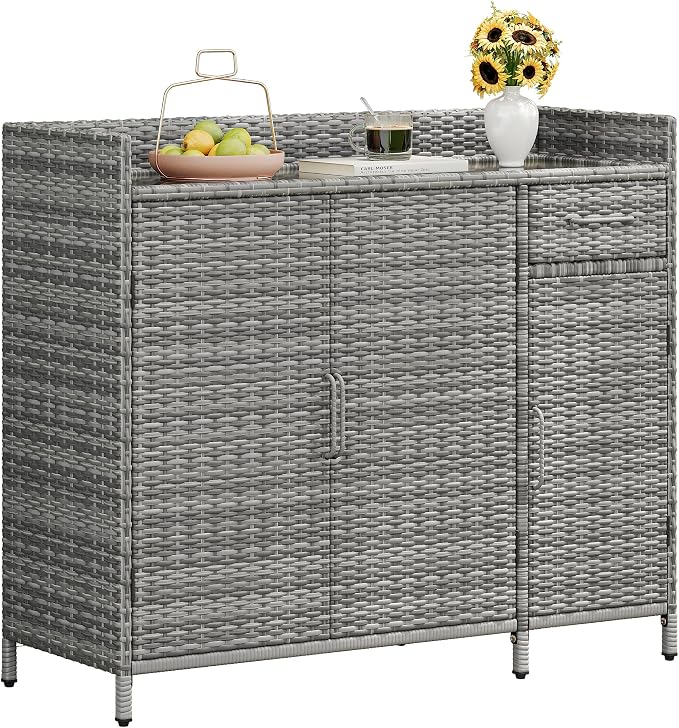 Merax Wicker Outdoor Bar Cabinet - PE Rattan Patio Bar Table w/Tempered Glass Desktop, Drawers & 3 Doors, Buffet Sideboard Organizer for Garden Backyard Pool, Outside Storage Cabinet,Grey
