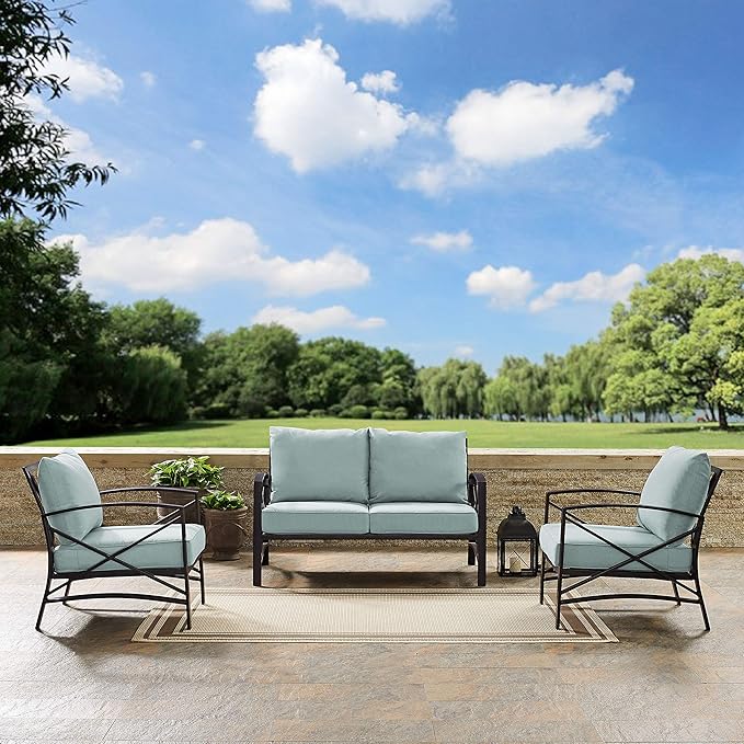 Crosley Furniture Kaplan 3-Piece Outdoor Loveseat Patio Furniture Set, Conversation Sets for Porch, Deck, Oiled Bronze with Mist Cushions