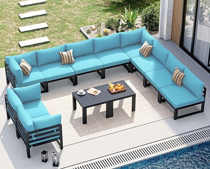 NICESOUL 10 Person Modern Aluminum Outdoor Patio Furniture Set with Side Table, 29" Wide Deep Seating, L Shaped Water Resistant Modular Sectional Couch, Oversized Conversation Set for Poolside, Teal