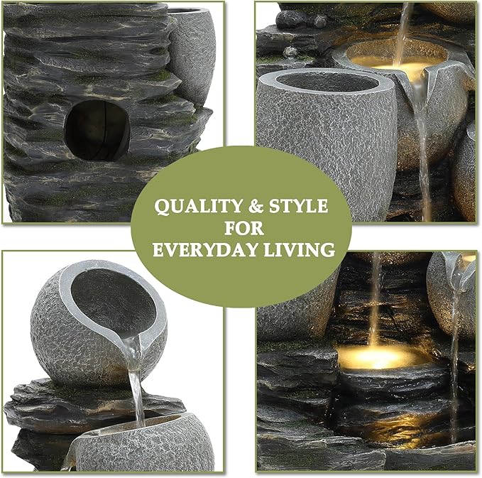 LuxenHome 29 Inch Tall Outdoor Water Fountain, 4 Tiers Cascading Pots & Rock Cascading Waterfall Fountain Outdoor and Indoor with LED Lights, Resin Garden Water Fountains for Patio, Porch, and Yard