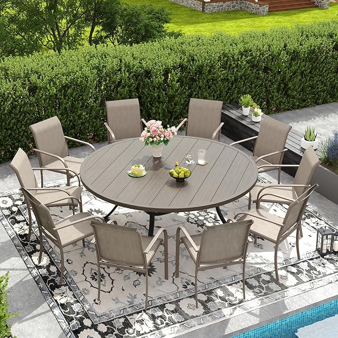 DIFY Patio Dining Set for 10, 11 Piece Outdoor Table and Chairs Set, 63" Grey Wood-Like Round Metal Patio Dining Table and Sandshell Textilene Stackable Patio Chairs, for Backyard Garden Poolside