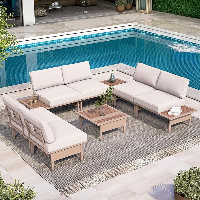 LAUSAINT HOME 8 Pieces Patio Furniture Set, Outdoor Metal Frame Patio Conversation Sets with Coffee Table & Thick Cushions for Garden, Poolside, Backyard(Beige)