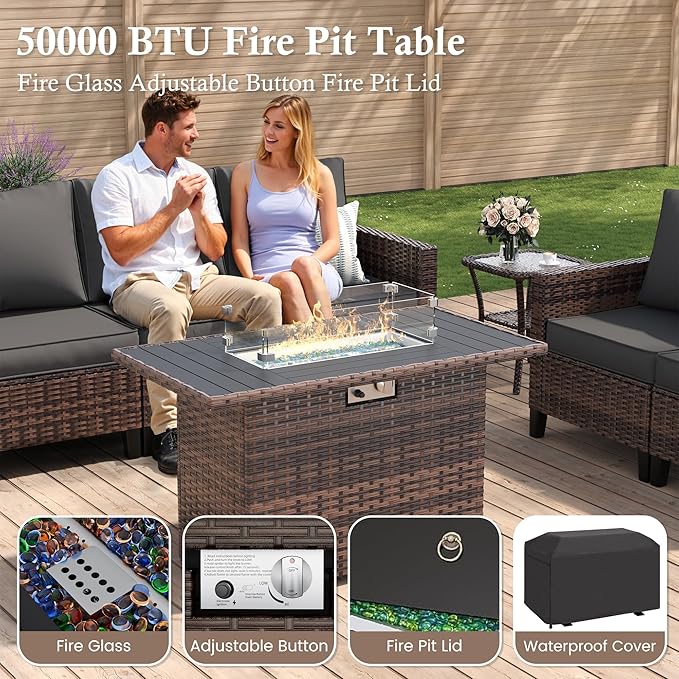 Amopatio Patio Furniture Set, 6-Piece Wicker Outdoor Sectional Sofa with Swivel Rocker Chairs, All-Weather Rattan Conversation Set with Fire Pit Table and Waterproof Cover for Backyard Brown/Grey