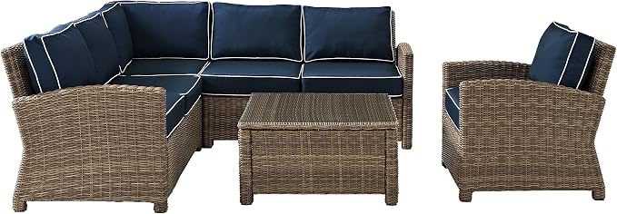 Crosley Furniture Bradenton 5-Piece Outdoor Sectional Sofa Wicker Conversation Patio Furniture Set for Deck, Brown with Navy Cushions
