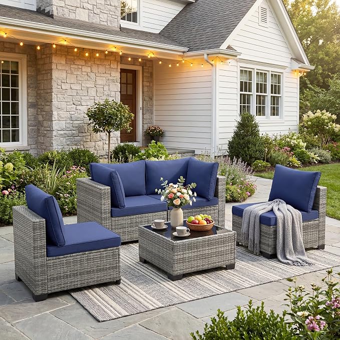 ANJ 5 Piece Outdoor Wicker Patio Furniture Set, Modular Loveseat Sofa with with Glass Top Coffee Table, All-Weather Rattan Conversation Couch Set for Balcony, Backyard, Light Grey Wicker-Blue