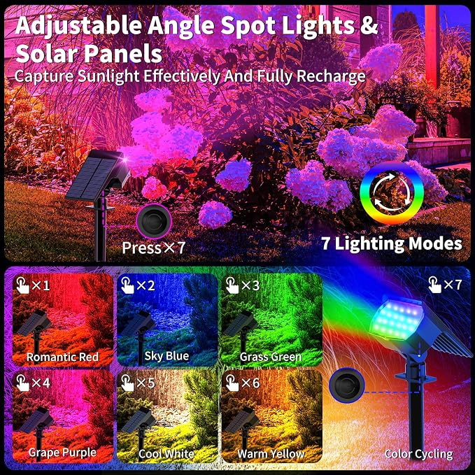 WENATY Solar Spot Lights Outdoor Waterproof, Solar Spotlights, 6 Packs, RGB | 7 Lighting Modes, WENATY Color Changing Solar Landscape Lights for Halloween & Christmas Decorations, Yard, Garden, House