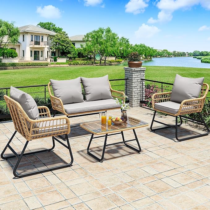 YITAHOME 4-Piece Patio Furniture Set, Wicker Outdoor Bistro Set, All Weather Rattan Patio Conversation Set with Soft Cushions and Glass Side Table for Backyard, Balcony, Deck - Light Grey
