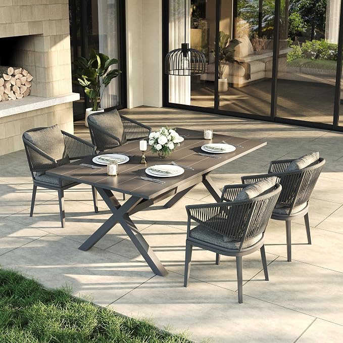 LayinSun 5 Piece Outdoor Dining Table Set, Aluminum Modern Rectangular Dining Table and All-Weather Wicker Chairs Set for Patio Deck Indoor Decor Kitchen