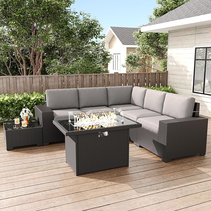LayinSun 7 Pieces Patio Furniture Set with Fire Pit Table, Black Rattan Modular Sectional Patio Conversation Sofa Set
