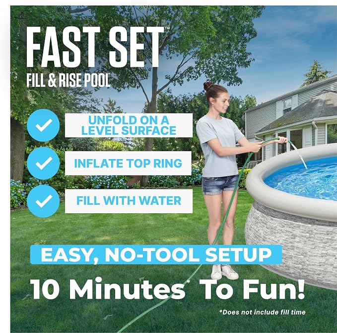 Bestway Fast Set 12' x 30" Round Inflatable Above Ground Swimming Pool Set, Stacked Stone Exterior Outdoor Family Pool with Filter Pump, Gray