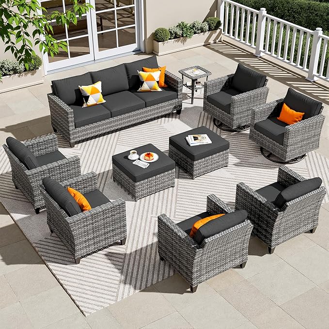 ovios 10 Pieces Patio Furniture Set, Outdoor Wicker Sofa Couch with Swivel Chairs, Rocking Glider Rocker with Comfy Cushions All Weather Rattan Conversation Set, Black