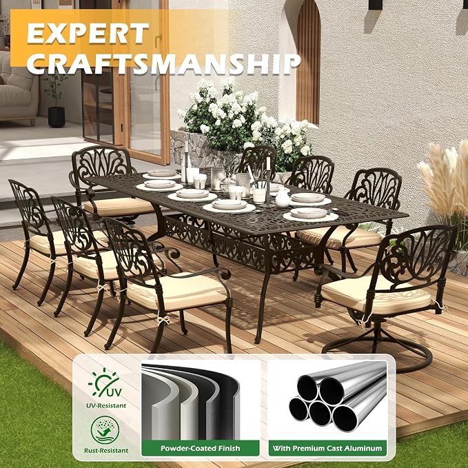 9-Piece Outdoor Dining Set, Retro Bronze Cast Aluminum Patio Furniture Include 86.6" Rectangle Table and 8 Fixed Chairs with Cushion and Umbrella Hole for Patio Deck Garden