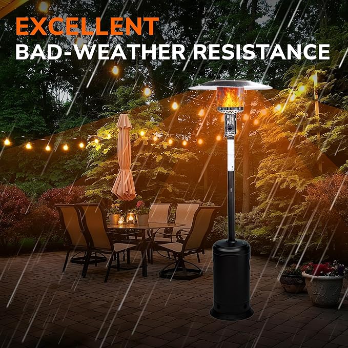 HEXAGO Outdoor Propane Patio Heater, 47,000 BTU Stainless Steel Standing Heater with Wheels, One-Touch Ignition & Adjustable Heat Control, Safety Auto Shut-Off System for Garden, Backyard & Restaurant