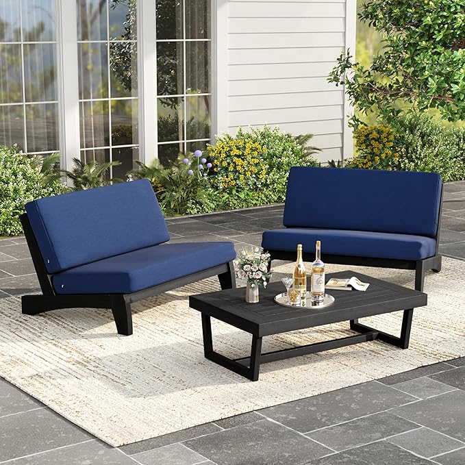 UIXE Black Wood Patio Furniture Sets, 3 Pieces All Weather Patio Loveseat Sofa Outdoor Sectional Futniture Backyard Conversation Set with Solid Wooden Coffee Table - Navy Blue
